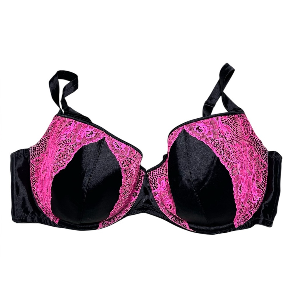 Cacique Black & Hot Pink Lace Full Coverage Underwire Bra Size 44DDD